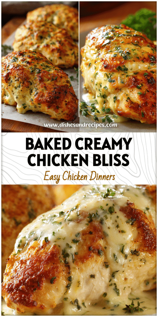Golden baked chicken breast topped with cream cheese sauce and herbs on a dinner table.